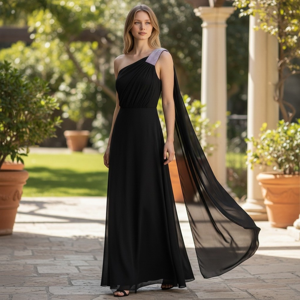 R&M Richards Woman Black One Shoulder Rhinestone Chiffon Cape Gown 22W